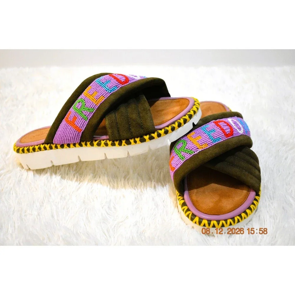 Rue De La Lune X Freedom Beaded Platforms Olive Suede Multicolor - Women's 39/8
